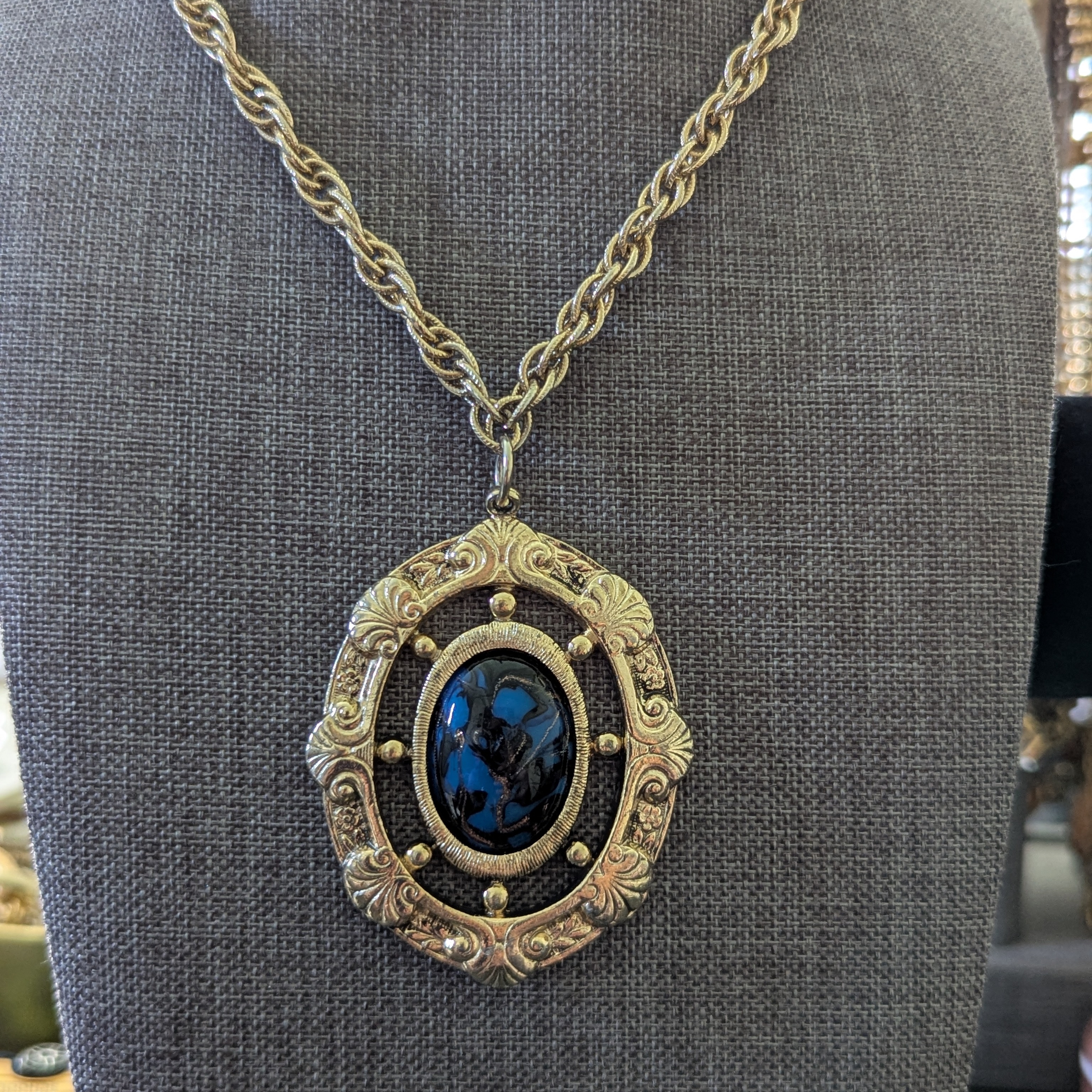 Swank Gold And Blue Necklace With Ornate Pendant. 15 Inch Chain Gold Tone